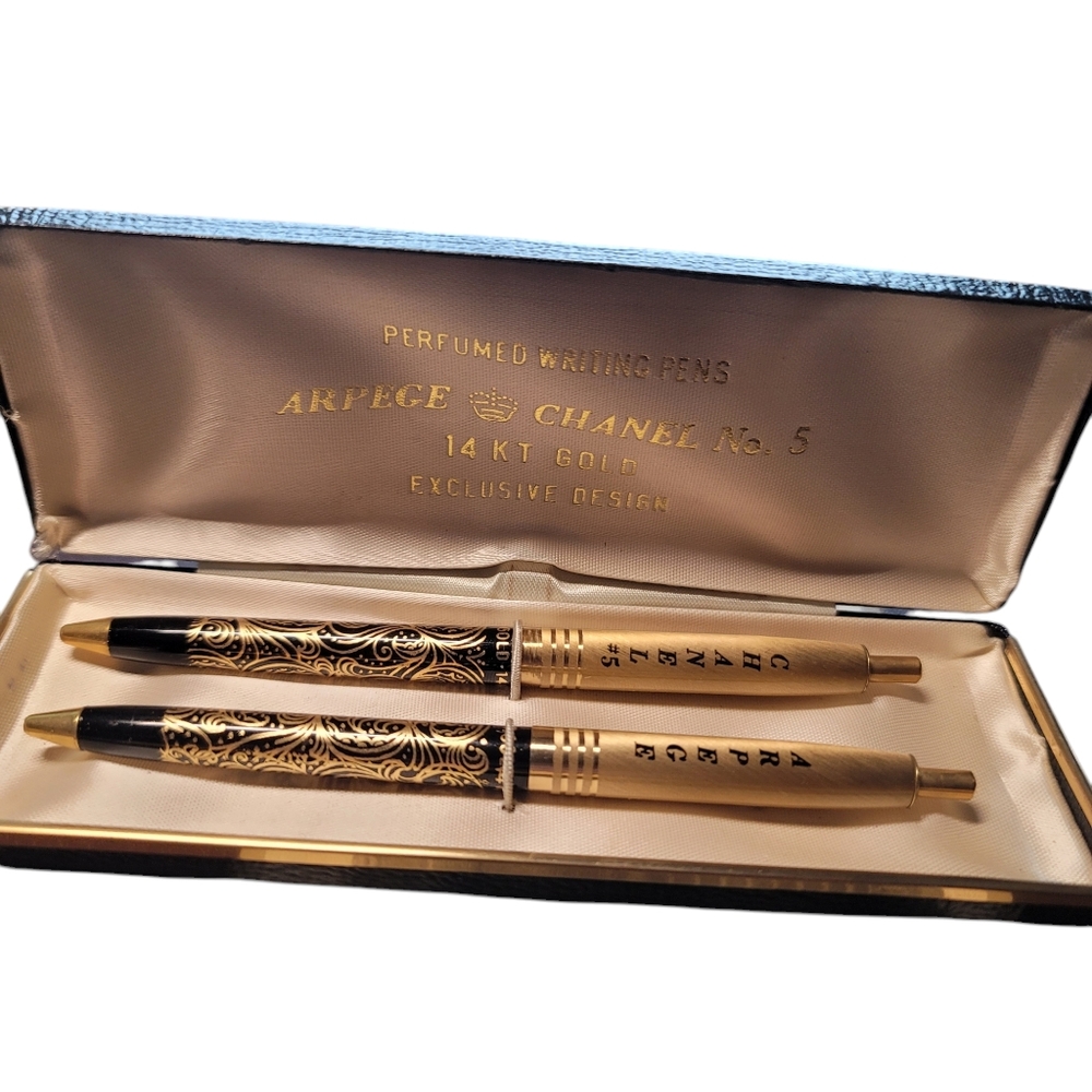 Vintage Arpege & Chanel 14Kt Perfumed Writing Pens W CaseVintage Arpege & Chanel